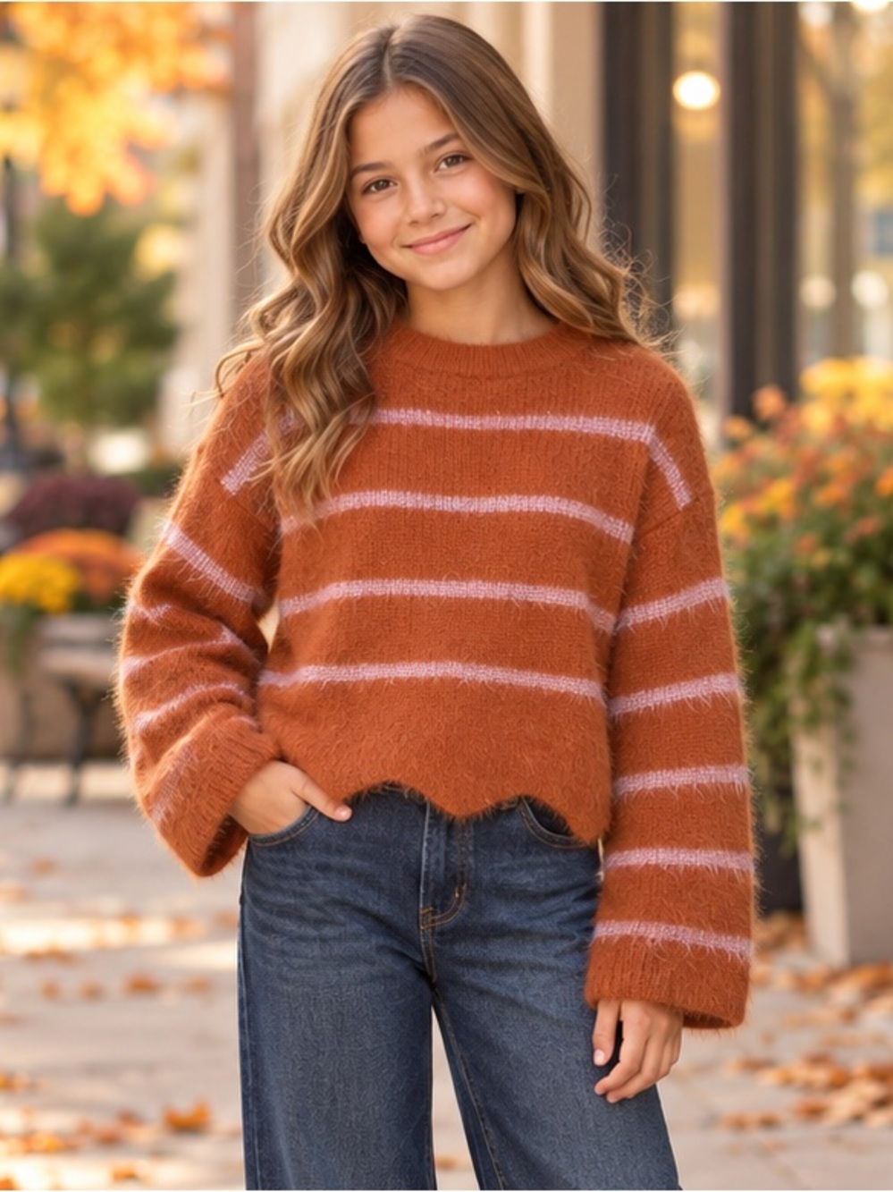 Gianni Bini Rust Orange & Light Pink Striped Fuzzy Sweater